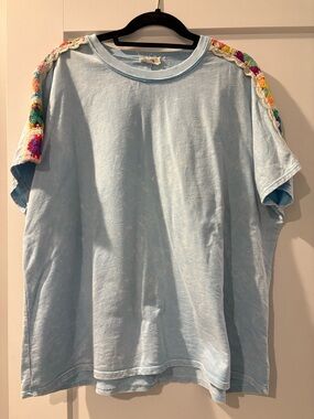 Light Blue Knit Top with Contrast Crochet Edge